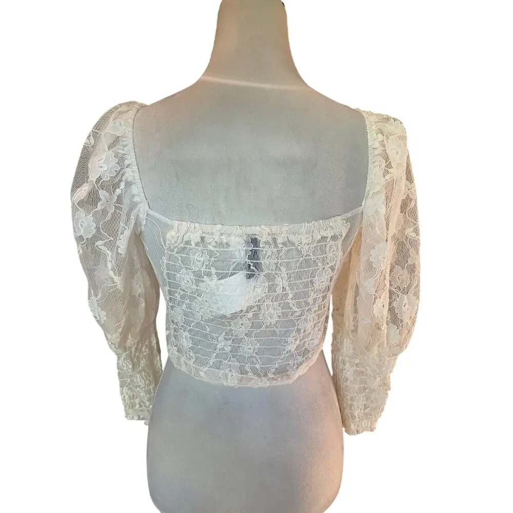 H&M Divided White Lace Milkmaid Crop Top Long Smocked Sleeve Cottagecore